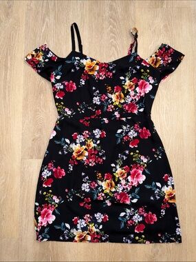 Express Floral Cold-Shoulder Dress in Black with Pink & Yellow Blooms